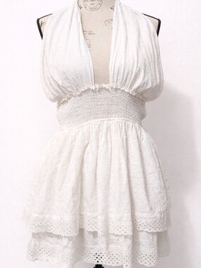 White Halter Smocked Waist Tiered Mini Dress